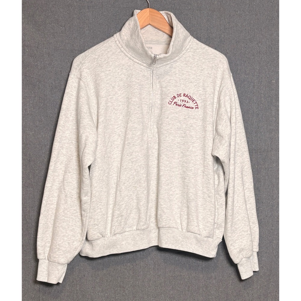 Hollister Womens Gray Club De Raquette Paris France Quarter Zip Sweatshirt Sz M